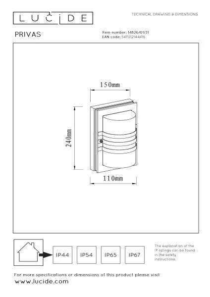 Lucide PRIVAS - Applique murale Intérieur/Extérieur - 1xE27 - IP44 - Blanc - technique